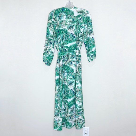 Cara Cara Paris Midi Dress (Sz XS/S) Long Sleeve Tie Waist Scroll Paisley Green